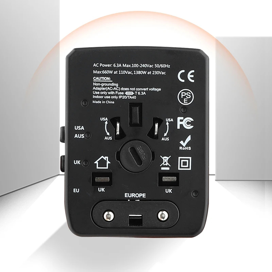 65W Universal Travel Adapter 3.5A All-in-one Travel Charger With 3 USB Ports and 1 Type C Wall Chargers for US EU UK AU Plug