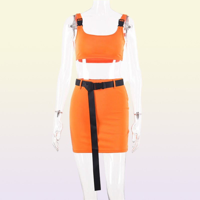 Two Piece Dress Neon Women 2 Sets Square Collar Low Cut Buckle Backless Crop Tops Waist Belt Chic Skirt Autumn Street Pcs Outfits2185286