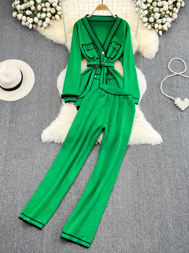 Women's Tracksuits Fashion Women's Suits Autumn Long-Sleeve Lace-Up Waist Mid-Length V-Neck Knitted Cardigan Coat Wide-Leg Pants Knit Two Pi