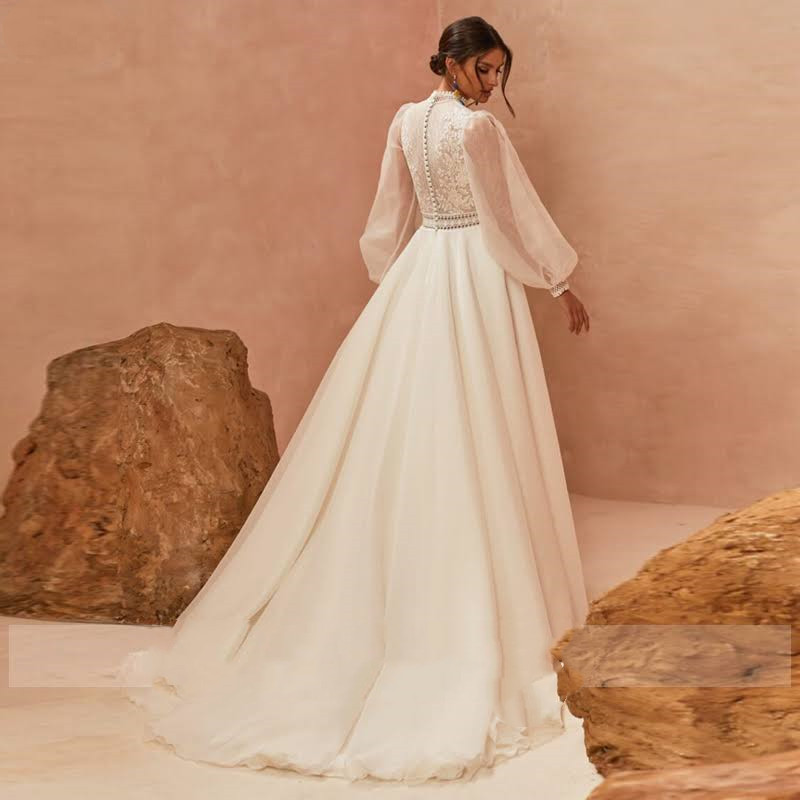 Wedding Dresses Boho Vestidos De Boda 2023 Long Puff Sleeves A-Line Bride Gowns High Neck Lace Appliques Bridal Tulle