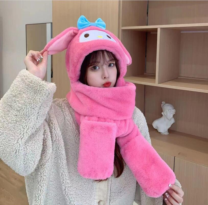 Winter New Cartoon Cinanoroll Girl Plush Warm Hat Cap With Stereo Ear Winter Kids Accessories 3 in 1
