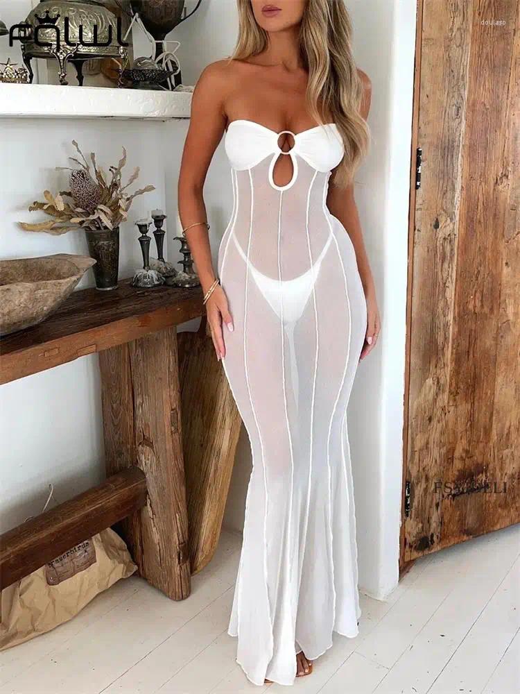 Casual Dresses Habbris White Mesh Bodycon Long Dress Evenin Party For Women 2023 Autumn Black Off Shoulder Maxi Hollow Out