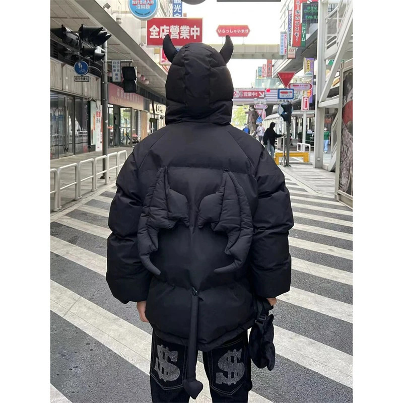 Men's Down Parkas Hip Hop Streetwear Parka Little Devil Horn Jackets Men Women Harajuku Retro Padded Jacket Coat Unisex Y2K Clothes Winter Outwea