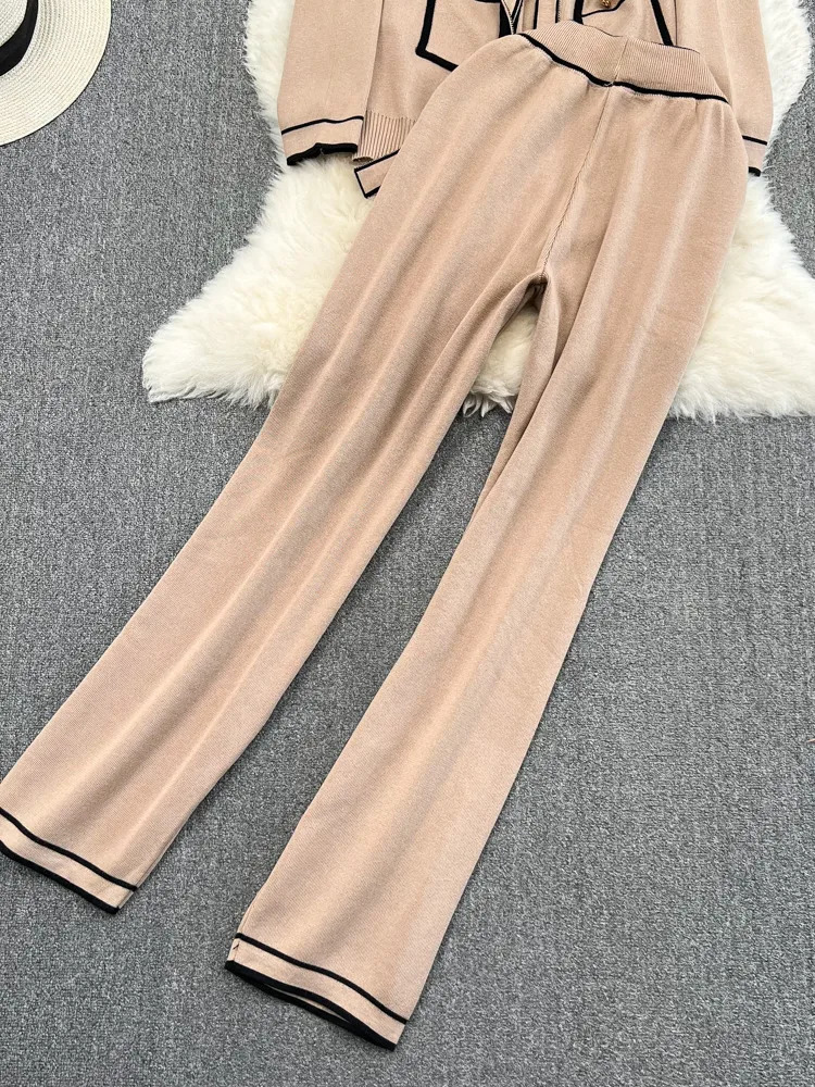 Women's Tracksuits Fashion Women's Suits Autumn Long-Sleeve Lace-Up Waist Mid-Length V-Neck Knitted Cardigan Coat Wide-Leg Pants Knit Two Pi