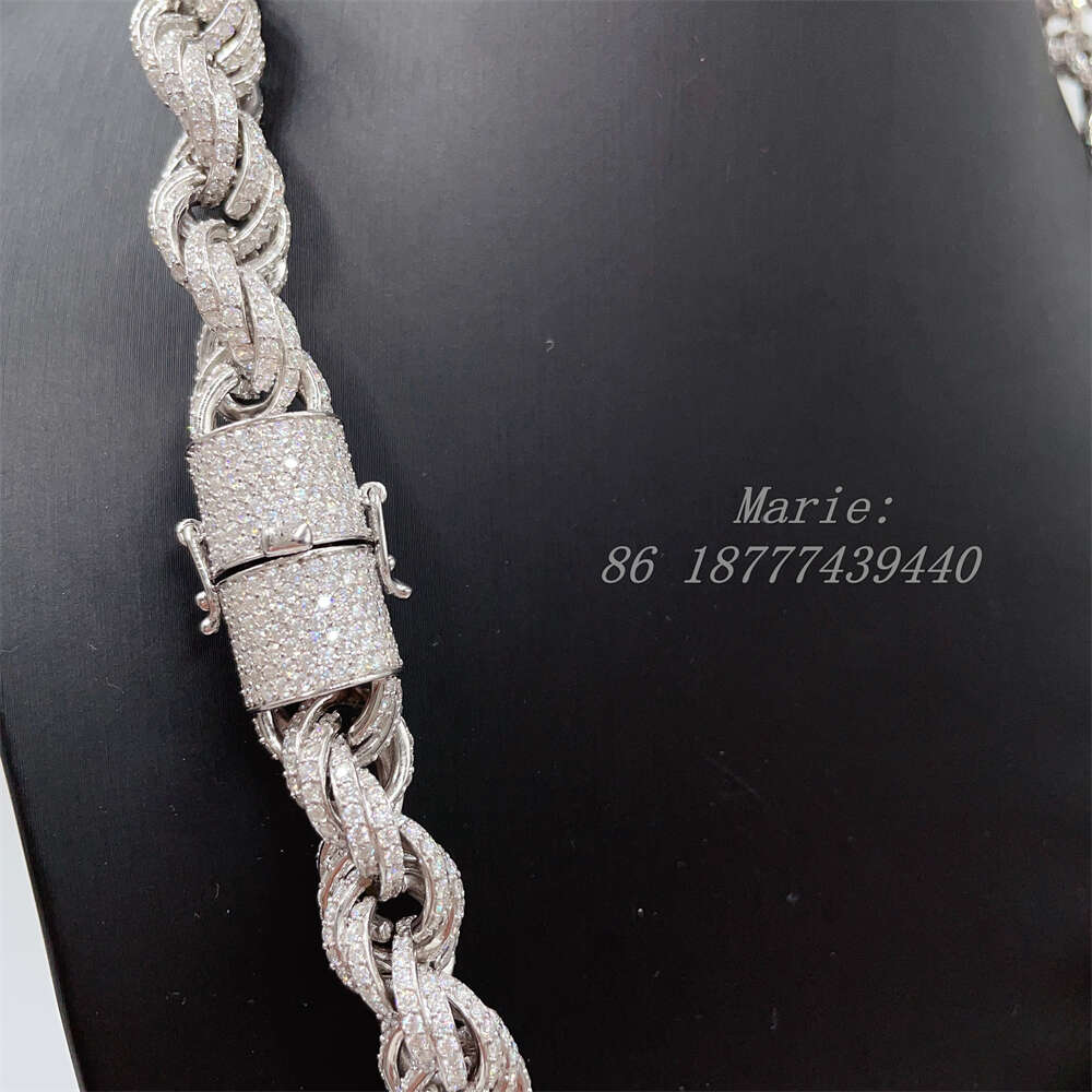 drop shipping white gold sterg sier 15mm micro pave vvs moissanite dia rope chain necklace