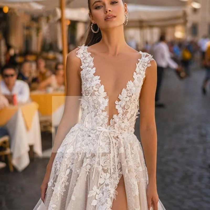 Lace Boho Wedding Dresses For Dress Elegant A-Line Sleeveless 3D Appliqued Bride Gown Side Split Sexy Backless Dress