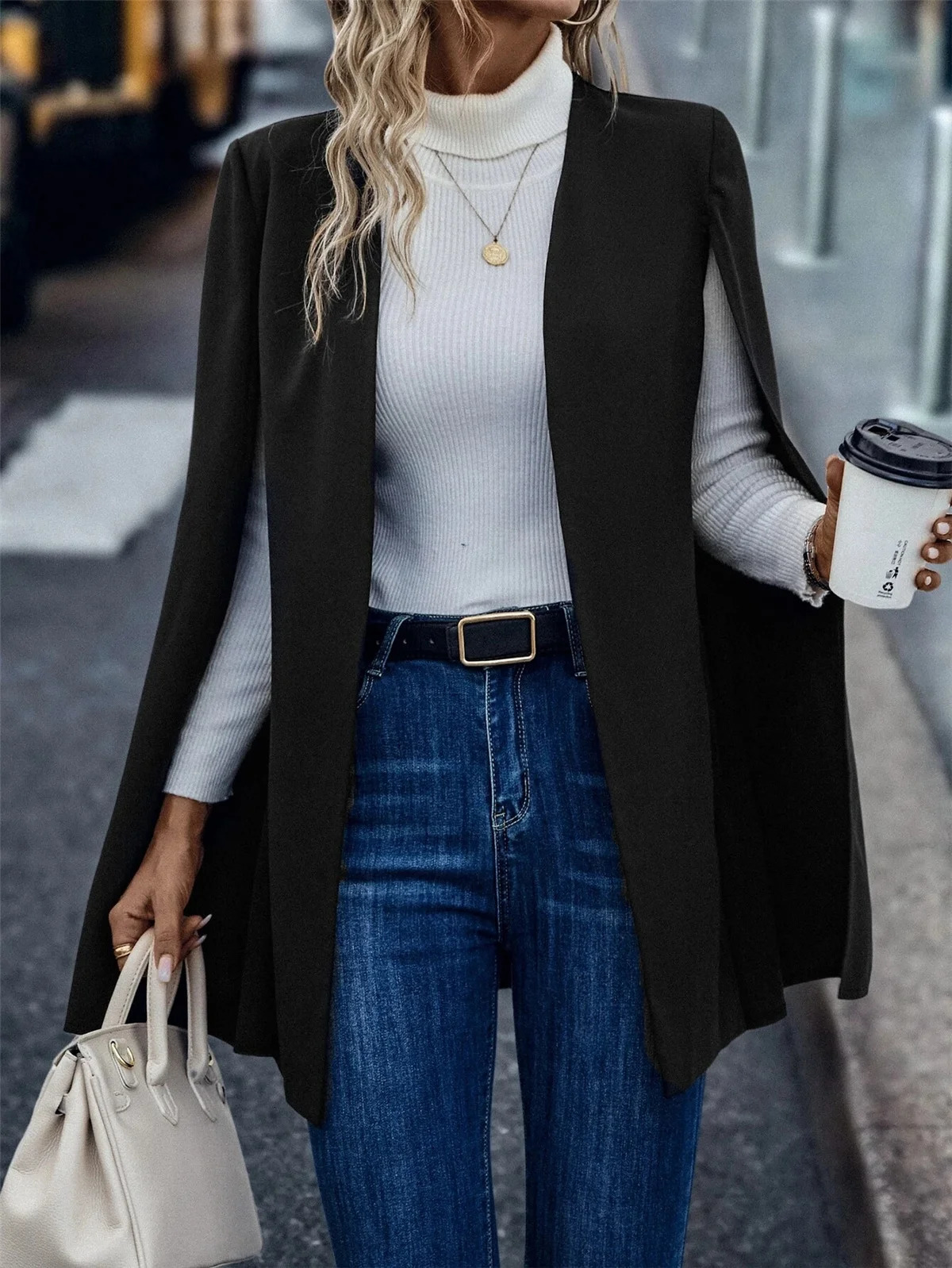 Womens Jackets Elegant Women Solid Cape Blazer with Split Sleeves Stylish Female Outerwear Ponchos Fall and Winter 231017