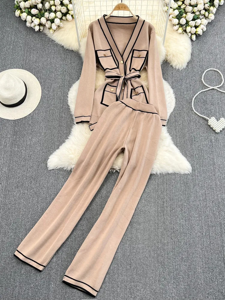 Women's Tracksuits Fashion Women's Suits Autumn Long-Sleeve Lace-Up Waist Mid-Length V-Neck Knitted Cardigan Coat Wide-Leg Pants Knit Two Pi