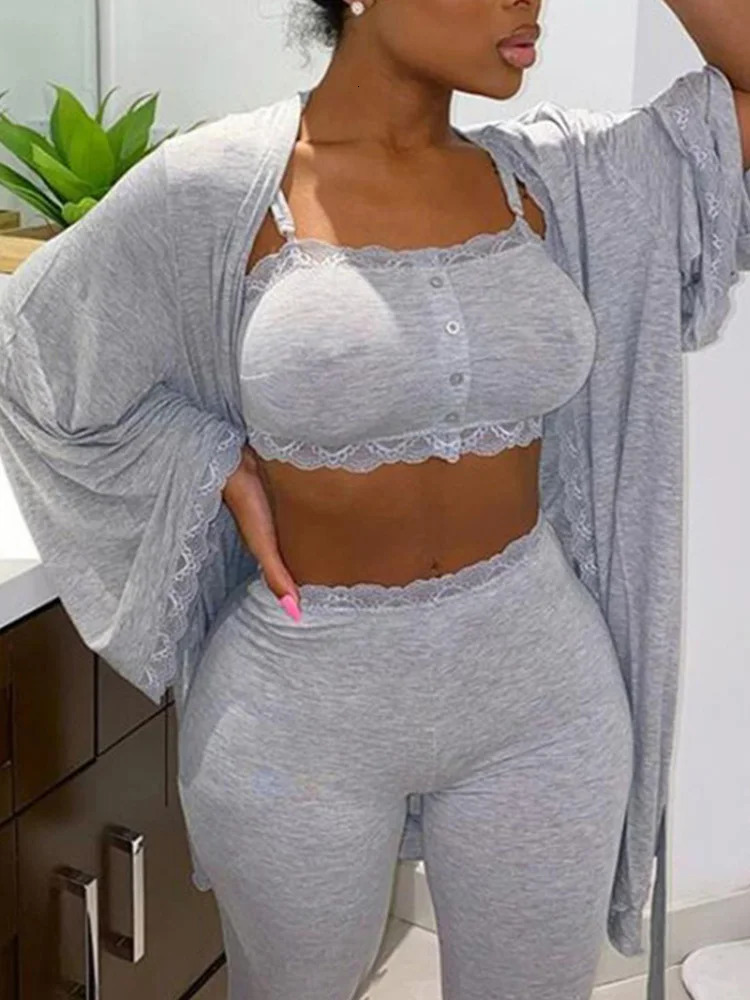 Women s Tracksuits Solid Lace Crochet Bra Crop Tops Skinny Pants Open Front Long Coats Set Loungewear Casual Women 3 Piece 231018