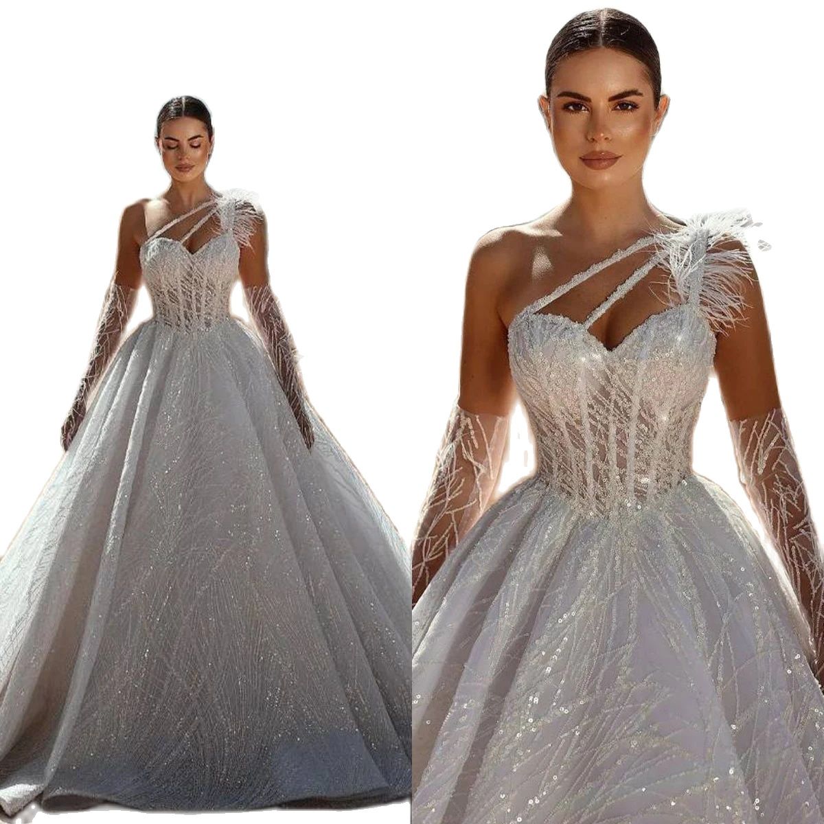 Sequined Ball Gown Wedding Dresses Sexy One Shoulder Feather Beach Bridal Gowns vestidos de novia Boho Custom Made