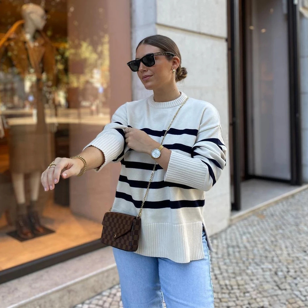 Womens Knits Tees Casual Oversized Striped Pullovers Women Knitted Basic Autumn Winter LooseFitting Thick Jumpers Sweaters Female Clothing 231018