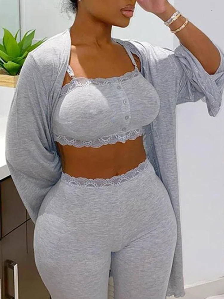 Women s Tracksuits Solid Lace Crochet Bra Crop Tops Skinny Pants Open Front Long Coats Set Loungewear Casual Women 3 Piece 231018