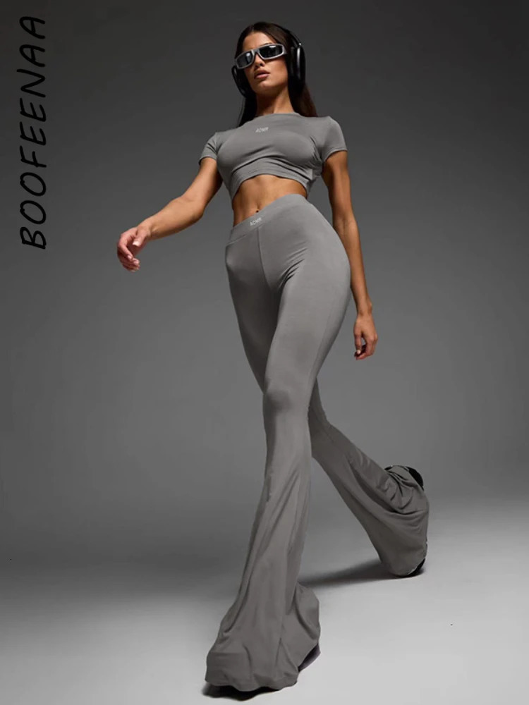 Women s Tracksuits BOOFEENAA Basic Casual 2 Piece Set s Outfits Top and Leggings Grey Flare Pants Matching Fitness Y2k Clothing C56 BI30 231018