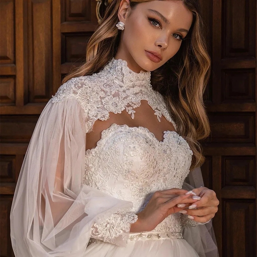 High Neck Lace Wedding Dresses Long Sleeves Appliques Vintage Bridal Gown Princess Bride Dress Robe De 6660312