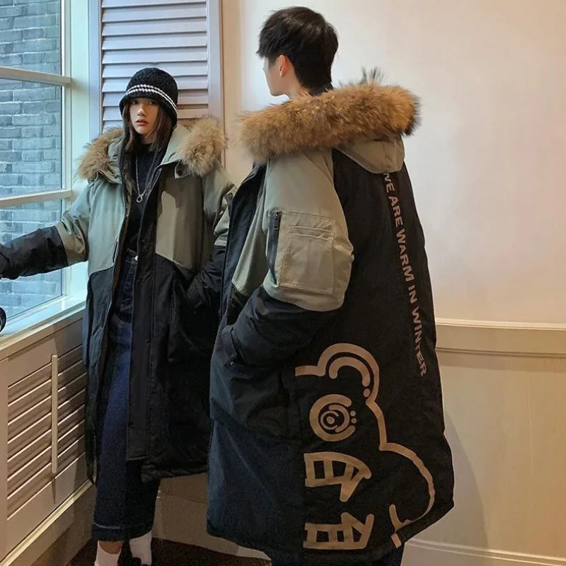 Men's Down Parkas Hooded Jacket Couple Midlength Overtheknee Loose Animal Fur Collar Jackets Zipper Pockets Thick Tops Coat 231026