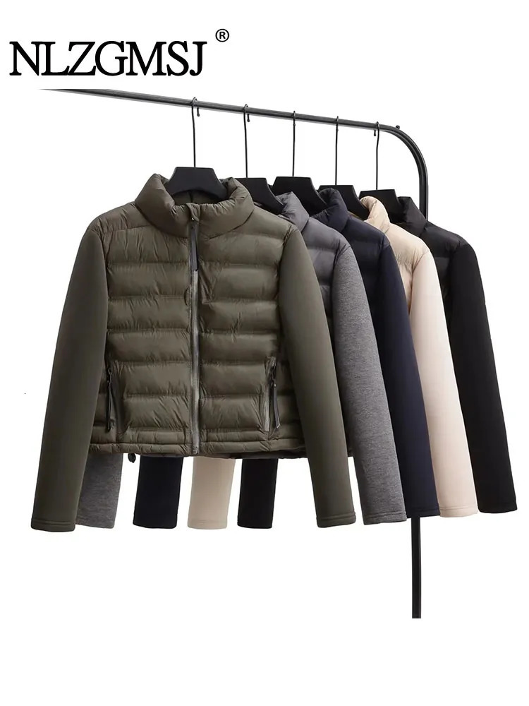 Women's Down Parkas Nlzgmsj TRAF Patchwork Autumn Winter Coat Women 2023 Vintage Slim Coats Zippers Stand Collar Jacket For 231017