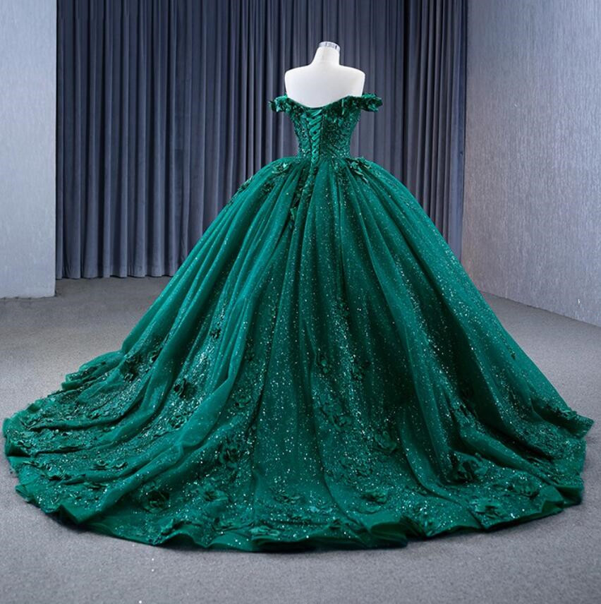 Emerald Green Sparkly Ball Gown Quinceanera Dresses Off Shoulder 3D Floral Gillter Skirt Sweet 15 vestidos verde esmeralda