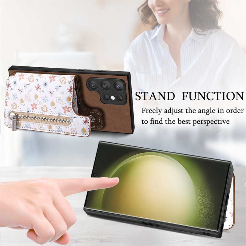 Flower Zipper Card Pocket Pack PU Leather Wallet Cases For Samsung S25 Ultra A16 A06 S24 FE M15 A55 S24 S23 Plus A05S A05 Cash Slot Magnet Car Bracket