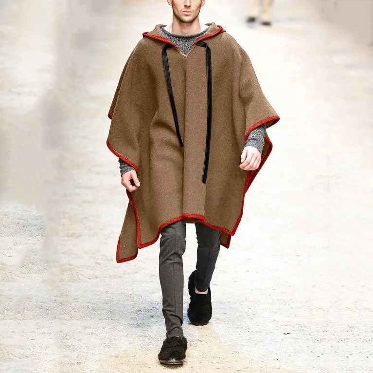 Men's Wool Blends 2023 Fashion Men Clothing Cloak Coats Cape Woollen Hooded Jackets Solid Color Streetwear Autumn Winter Poncho Irregular Overcoa
