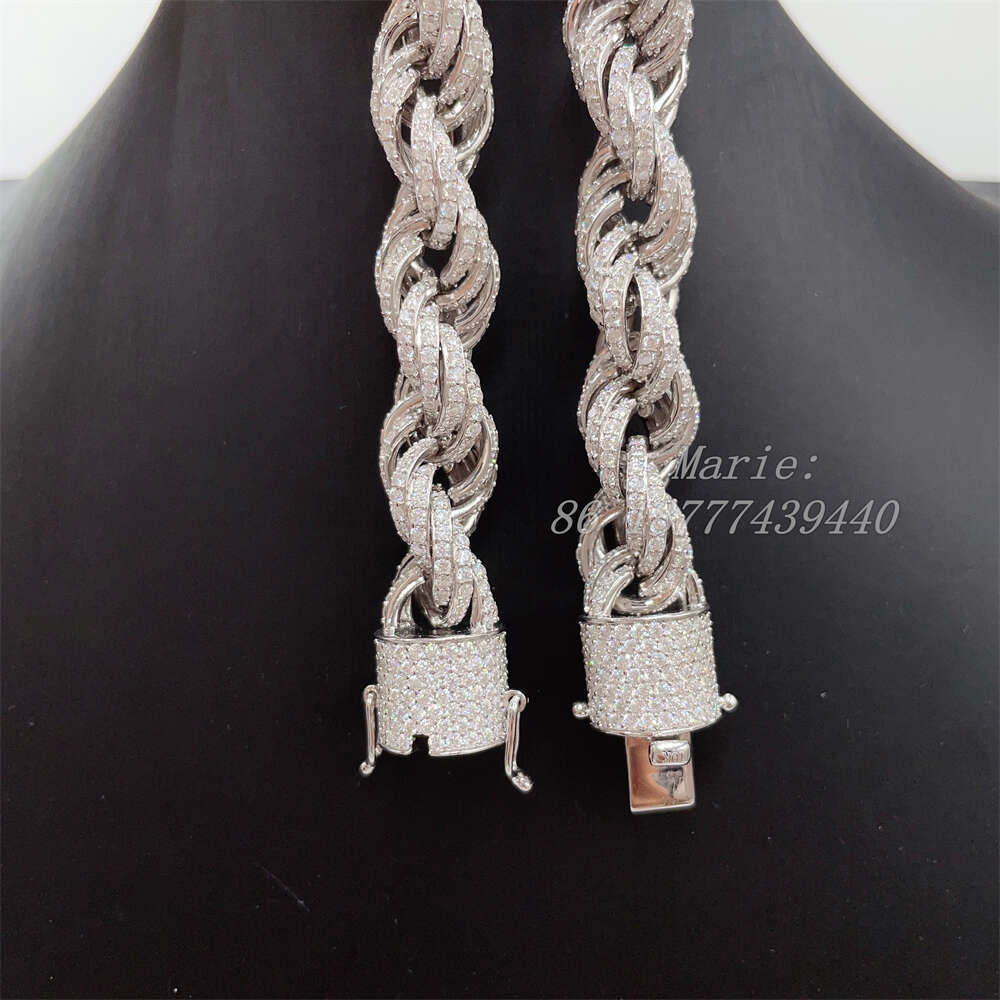 drop shipping white gold sterg sier 15mm micro pave vvs moissanite dia rope chain necklace