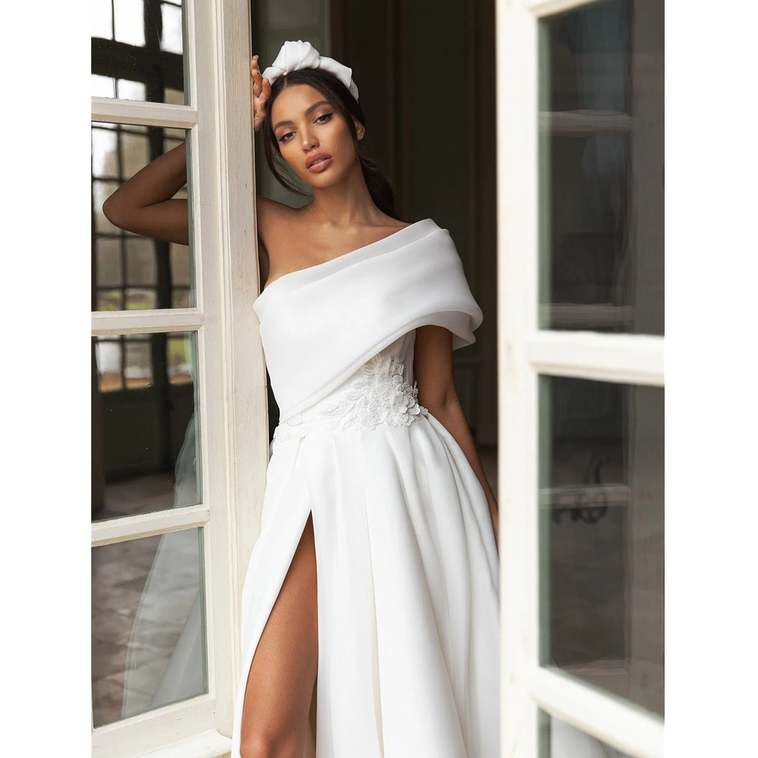 Elegant Appliques One Shoulder Wedding Dresses Split A-e Gow With Bow Swoop Train Bride Dress Robe De Mariee 328