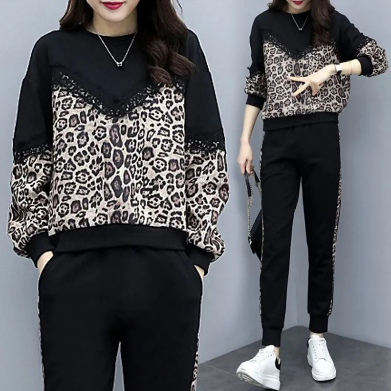 Womens Tracksuits Leopard Print Casual Pantsuit Set Women Black Oversize Large Size Long Sleeve Fashion Sportswear Pants 5XL 231018