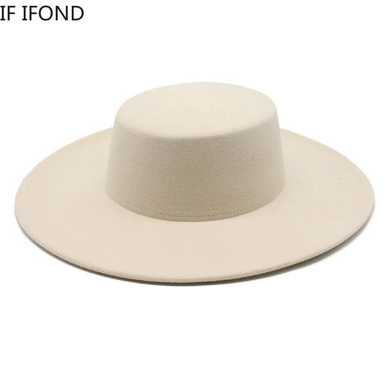 Wide Brim Hats Bucket Hats French Women's Hat Big Wide Brim 10CM Fedora Hat Winter Wool Derby Wedding Jazz Hats Flat Top Felt Hat 231018