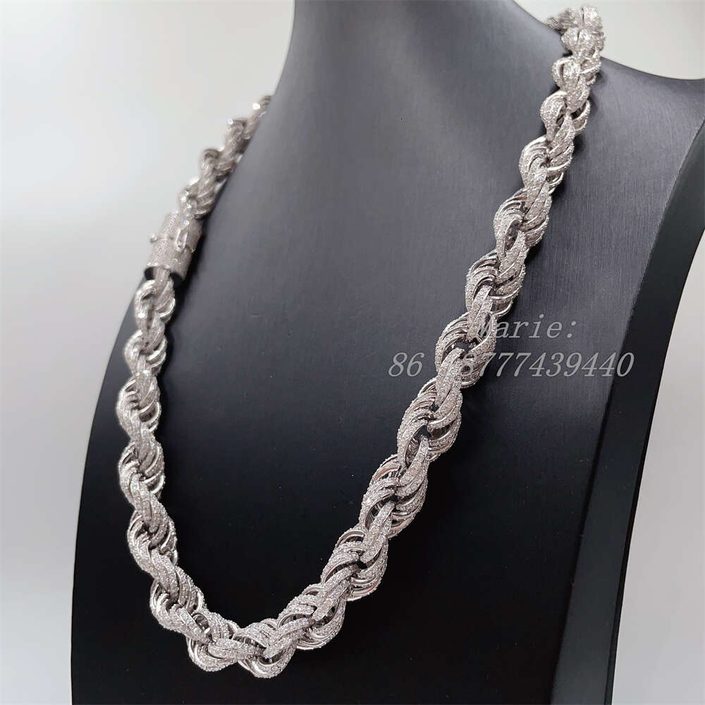drop shipping white gold sterg sier 15mm micro pave vvs moissanite dia rope chain necklace