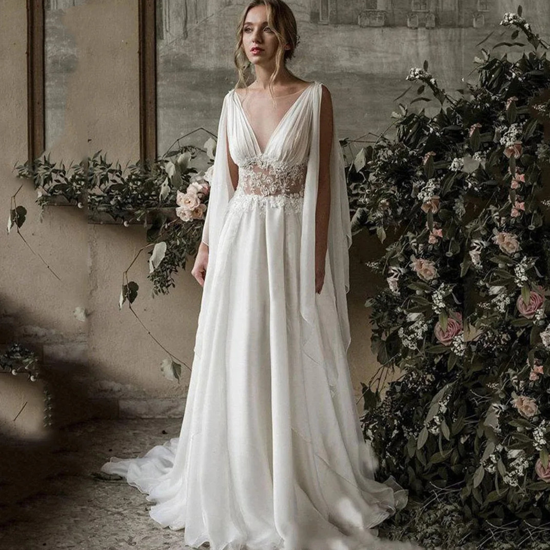 Sleeveless Wedding Dress Beach Illusion Back Lace Appliques V-Neck A-E Bridal Gown Chiffon Vestidos De Novia 6660312