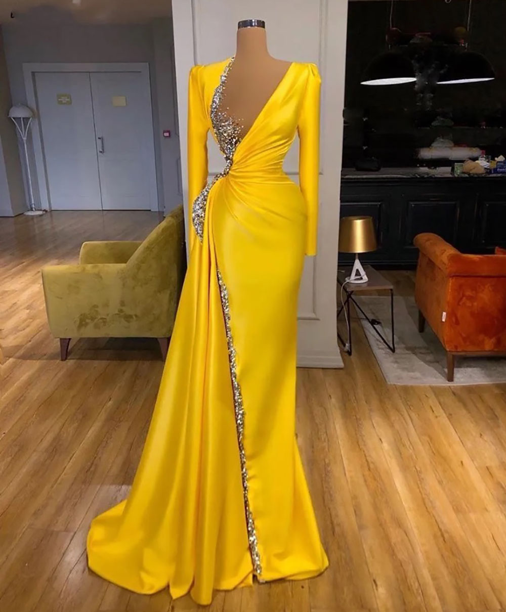 Prom Party Gown Yellow Evening Dresses New Zipper Plus Size Custom Lace Up or-Length Satin Mermaid O-Neck Long Sleeve Sequins Beaded Pleat