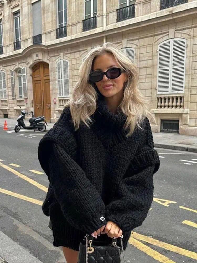 Women's Sweaters Solid Knit Turtlrneck Double Lantern Sleeve Women Pullover Thick Warm Oversized Loose Top Sweater 2023 Fall Winter Chic