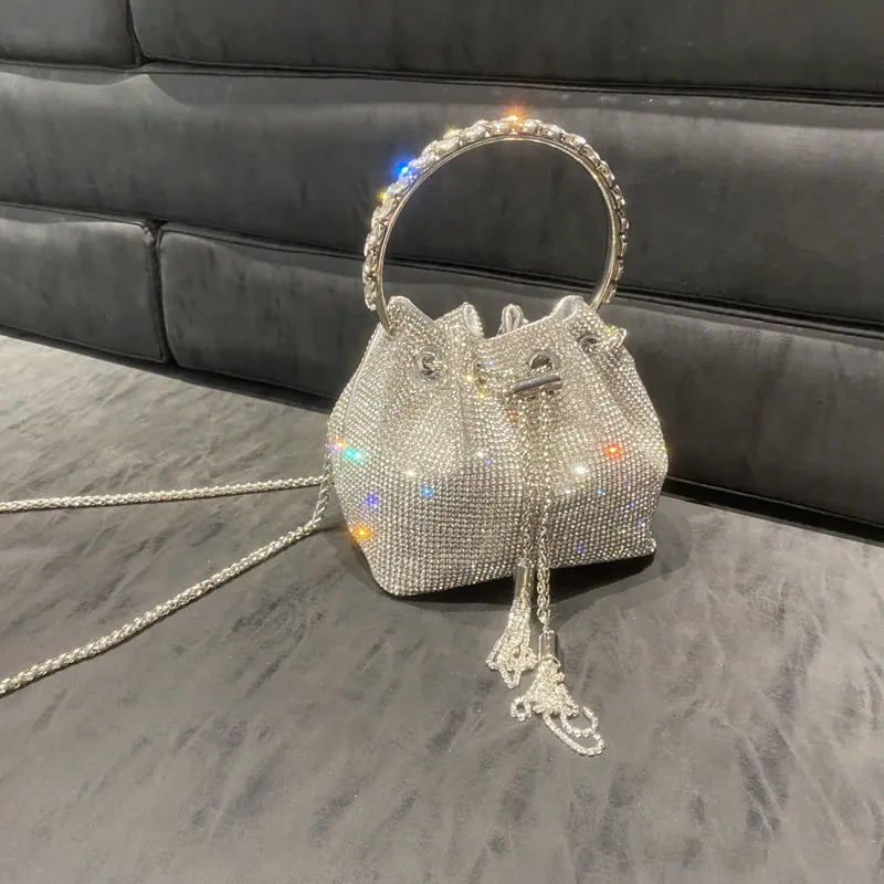 Evening Bags Dias Tassel Clutch Bag Women Chain Metal Ring Handle Shiny Crystal Bucket Purse Bridal Wedding Party 231017 4
