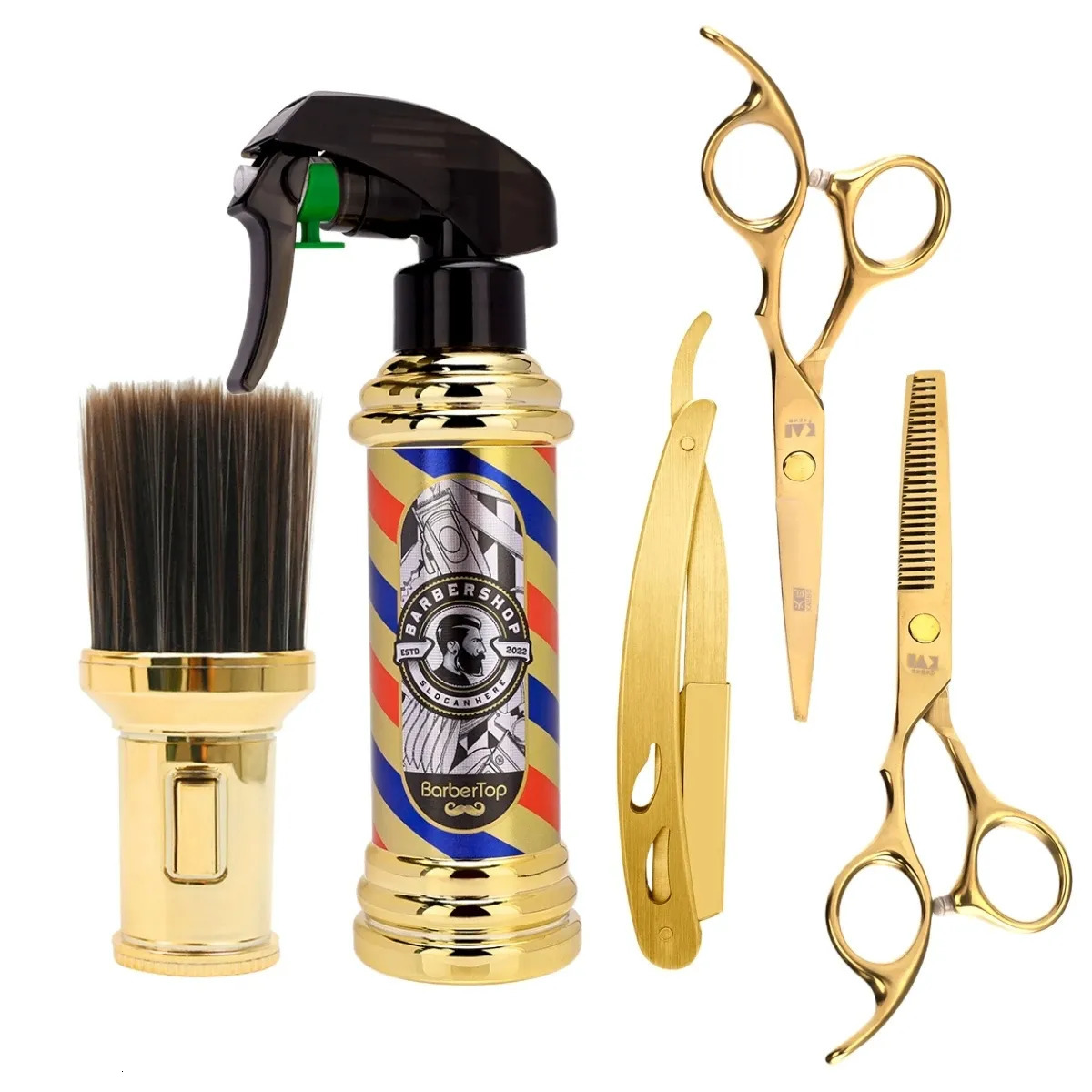 Other Hair Cares 3/5PCS Gold Hairdressing Styling Tools Set 6 Inch Haircut Scissors Hair Cutting Comb Suit Men Manual Shaver Barber Spary bottle 23101