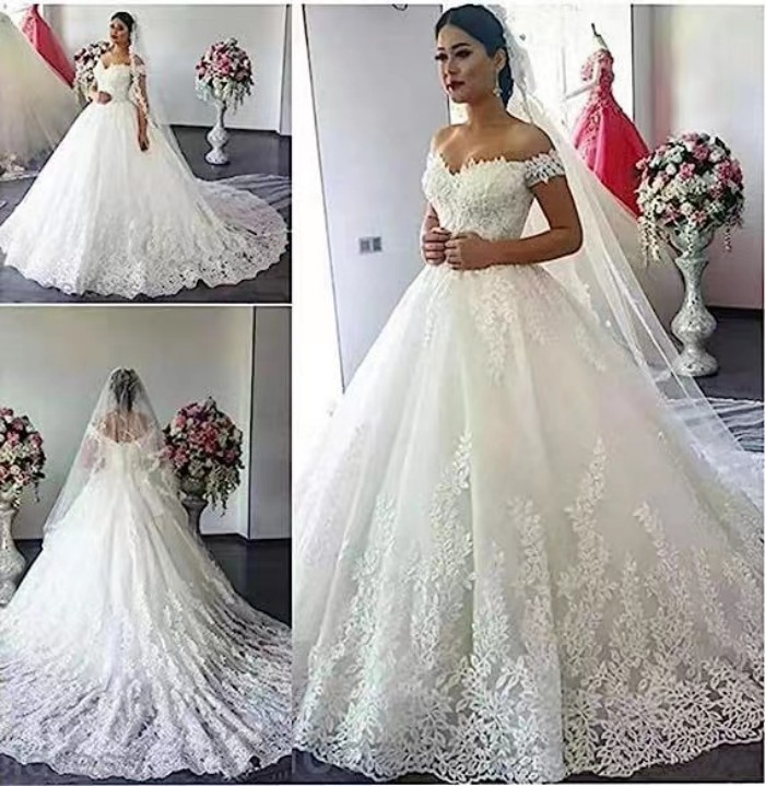 Saidmhamad Sheer Sweetheart Wedding Heavy Crystals Ball Long train wed gown Dress vestido de noiva white Corset Lace Up Back Simple Bridal Gowns