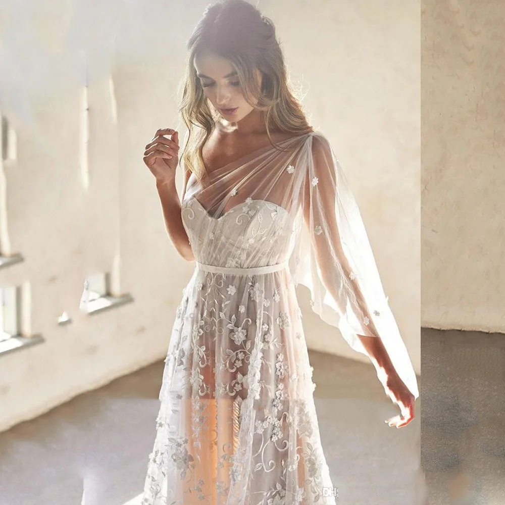 Sexy One Shoulder Side Split Tulle Wedding Dresses Backless A-Line Lace Appliqued Boho Bride Gowns Vestidos De Novia