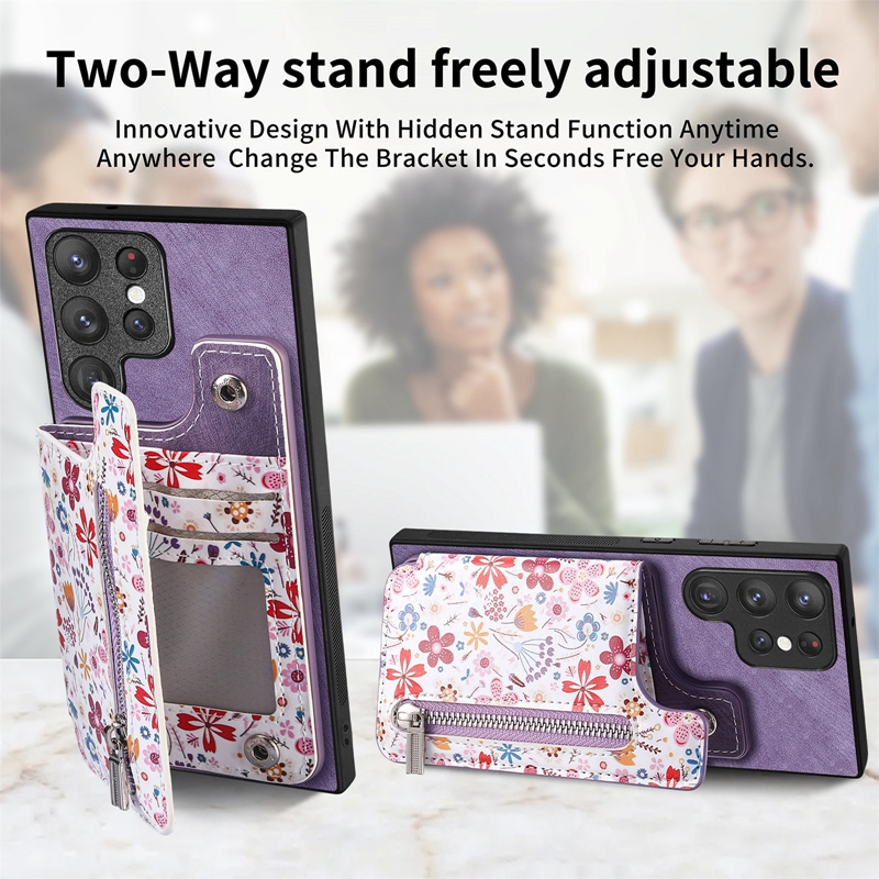 Flower Zipper Card Pocket Pack PU Leather Wallet Cases For Samsung S25 Ultra A16 A06 S24 FE M15 A55 S24 S23 Plus A05S A05 Cash Slot Magnet Car Bracket