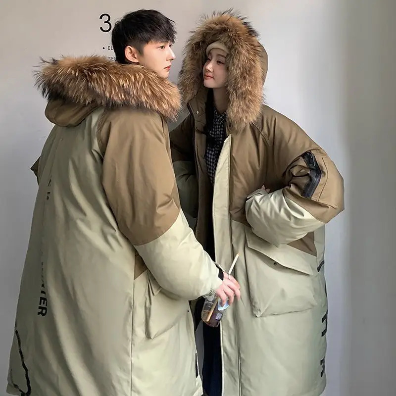 Men's Down Parkas Hooded Jacket Couple Midlength Overtheknee Loose Animal Fur Collar Jackets Zipper Pockets Thick Tops Coat 231026