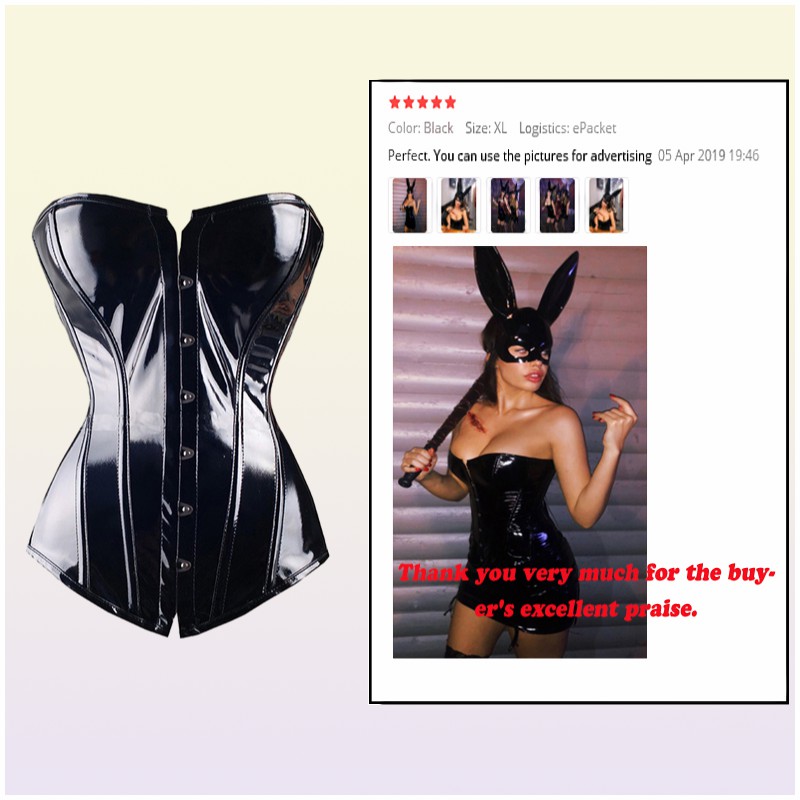Sexy Black PVC Overbust Corset Steampunk Basque Lingerie Top Goth Rock Corset Sexy Leather Waist Trainer Corset for women Y111929013802