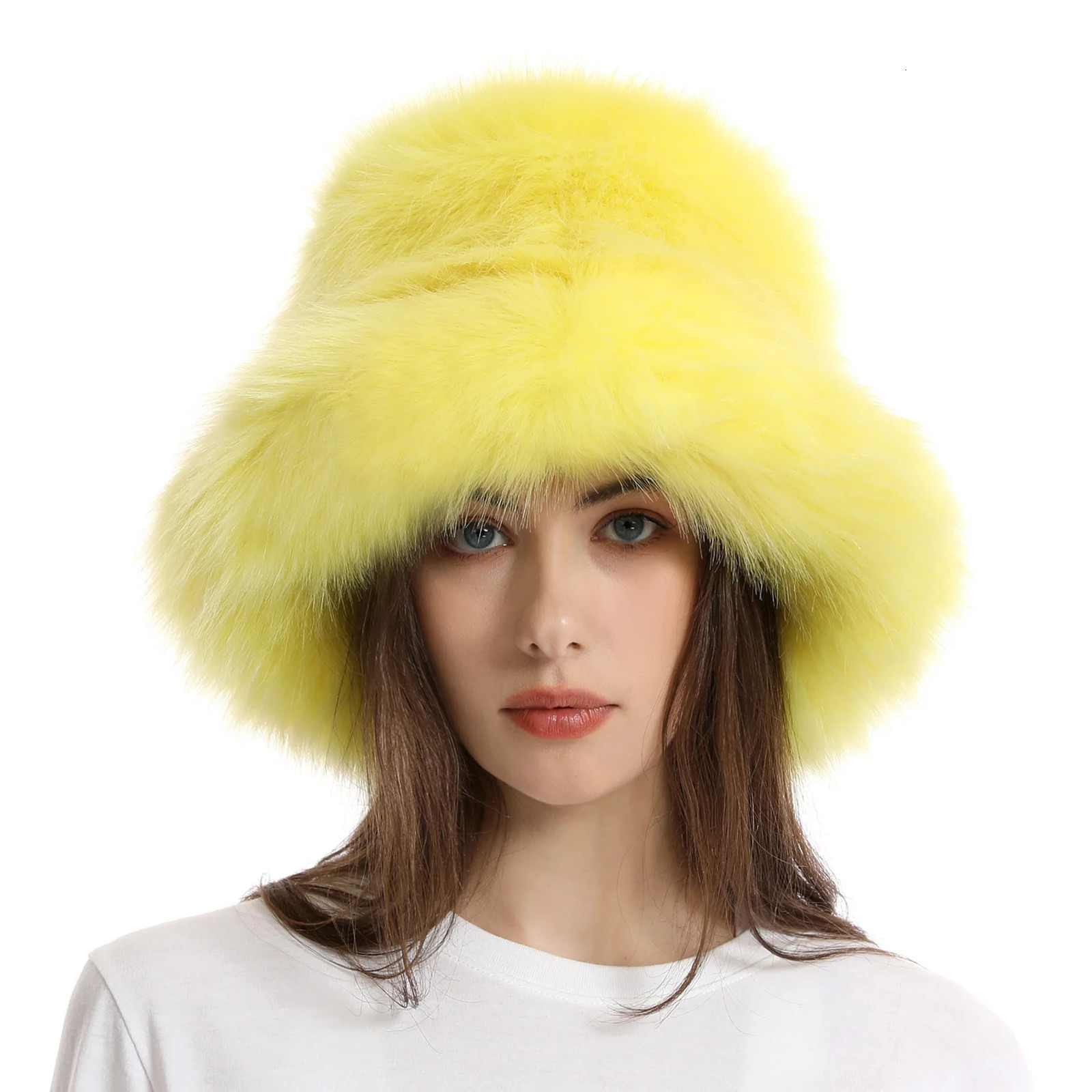 BeanieSkull Caps Autumn Winter Women Keep Warm Rainbow Faux Fur Basin Cap Female Fashion Casual Party Bucket hat Music Festival Thickened Hat 231017