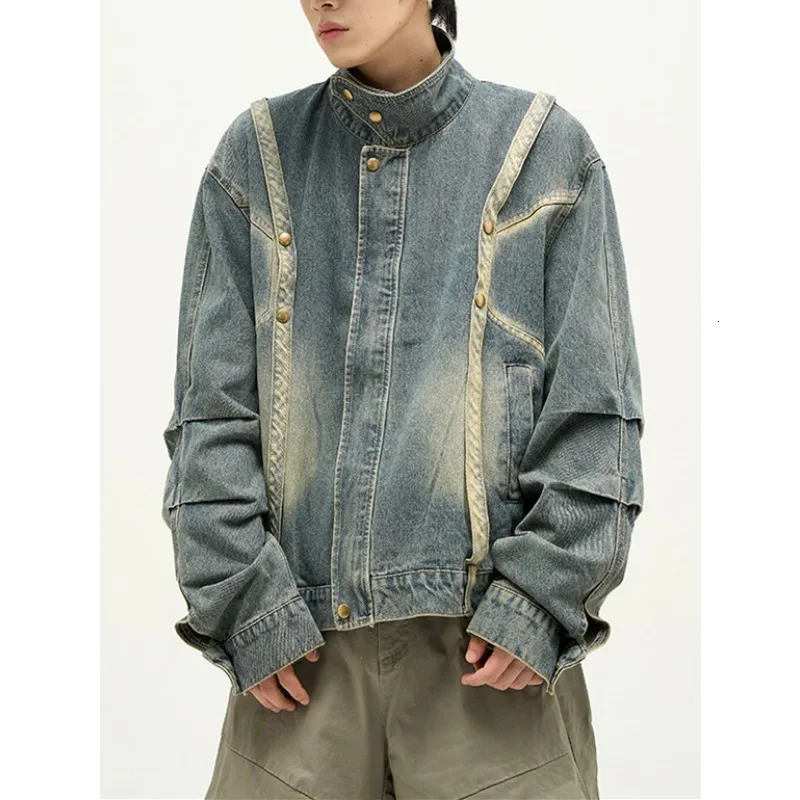 American Vintage Denim Unisex Loose Haruku Bomber Jacket, Autumn Couple Patchwork Casual Baseball Coat
