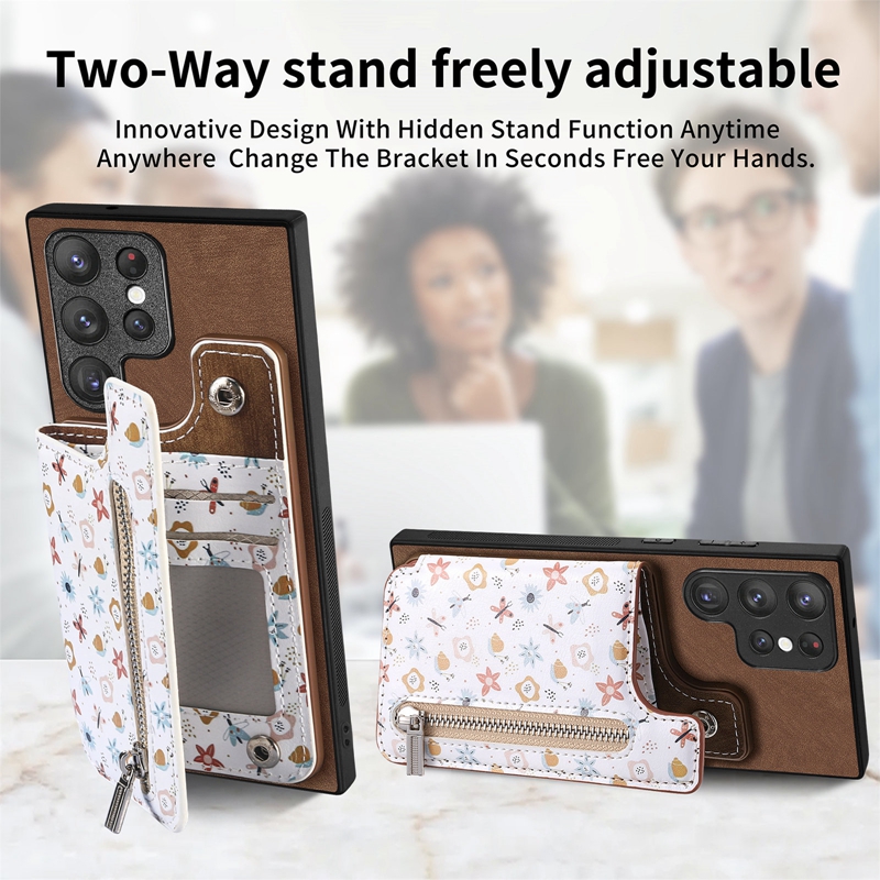 Flower Zipper Card Pocket Pack PU Leather Wallet Cases For Samsung S25 Ultra A16 A06 S24 FE M15 A55 S24 S23 Plus A05S A05 Cash Slot Magnet Car Bracket