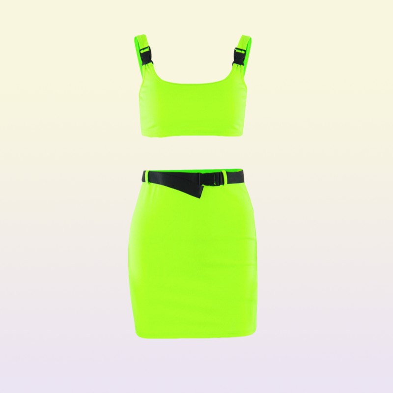 Two Piece Dress Neon Women 2 Sets Square Collar Low Cut Buckle Backless Crop Tops Waist Belt Chic Skirt Autumn Street Pcs Outfits2185286