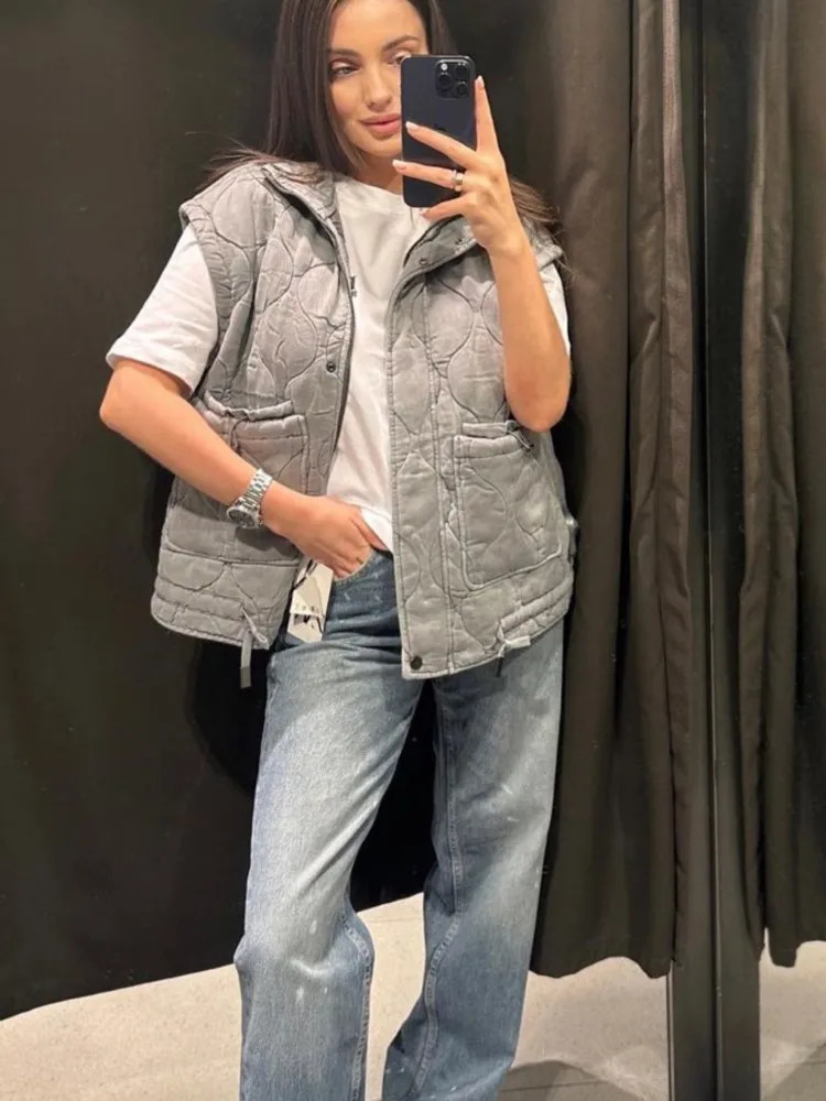 Womens Vests Autumn Solid Patch Checkered Cotton Vest Women Pocket Stand Collar Sleeveless Jackets Female Single Breasted Warm Tops Lady 231017