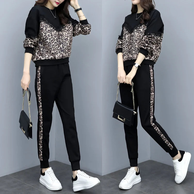 Womens Tracksuits Leopard Print Casual Pantsuit Set Women Black Oversize Large Size Long Sleeve Fashion Sportswear Pants 5XL 231018