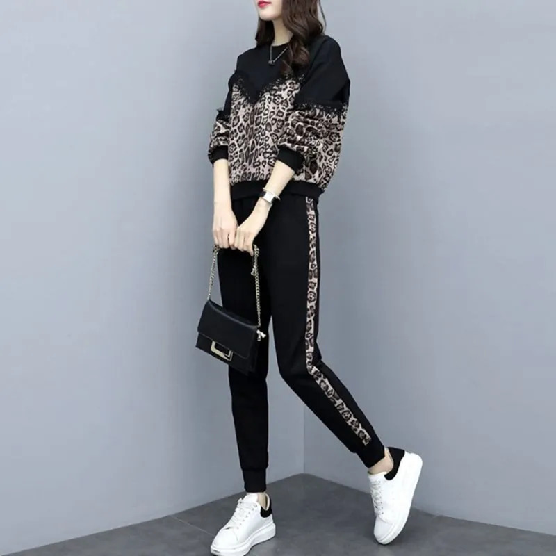 Womens Tracksuits Leopard Print Casual Pantsuit Set Women Black Oversize Large Size Long Sleeve Fashion Sportswear Pants 5XL 231018