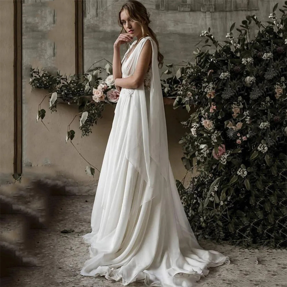 Sleeveless Wedding Dress Beach Illusion Back Lace Appliques V-Neck A-E Bridal Gown Chiffon Vestidos De Novia 6660312