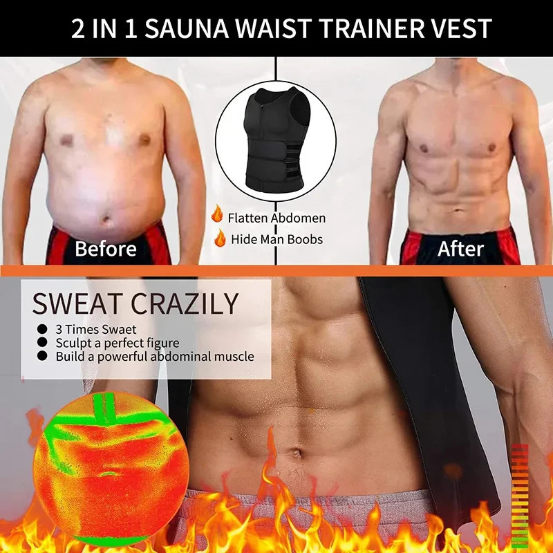 Waist Tummy Shaper Neoprene Men's Shapers Sweat Vest for Men Waist Trainer Vest Adjustable Workout Body Shaper with Double Zipper for Sauna Suit 