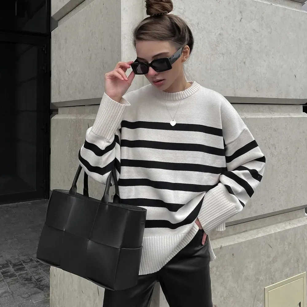 Womens Knits Tees Casual Oversized Striped Pullovers Women Knitted Basic Autumn Winter LooseFitting Thick Jumpers Sweaters Female Clothing 231018