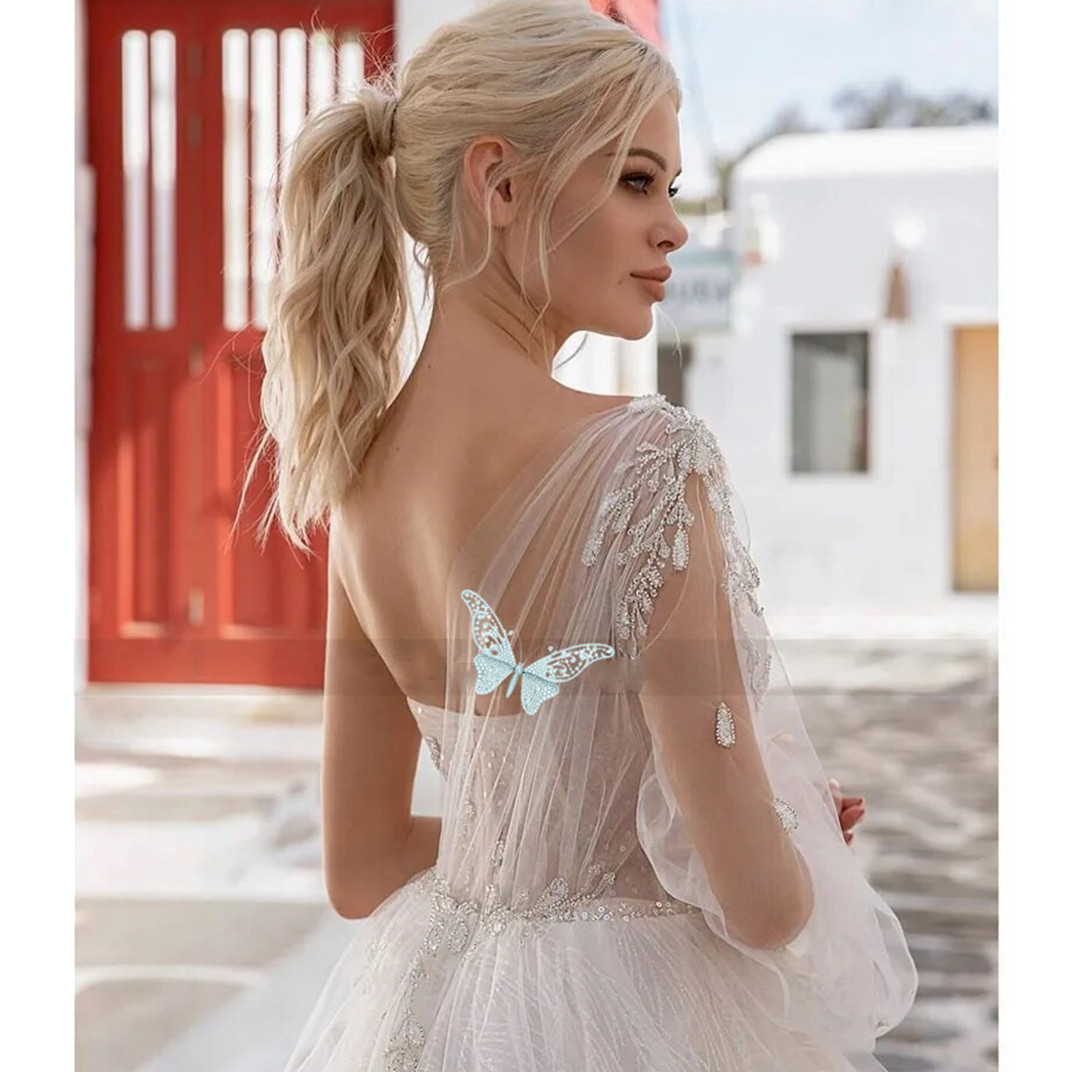 One Shoulder Long Sleeve Wedding Dresses Robe de Mariage Glitter Beads Lace Wedding Gowns Princess Vintage Bridal Dress