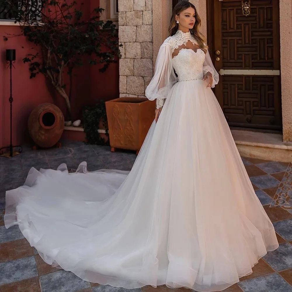 High Neck Lace Wedding Dresses Long Sleeves Appliques Vintage Bridal Gown Princess Bride Dress Robe De 6660312